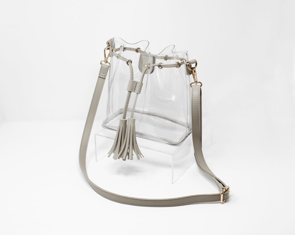 grey clear stadium bag with gold hardware clearlee game day bag