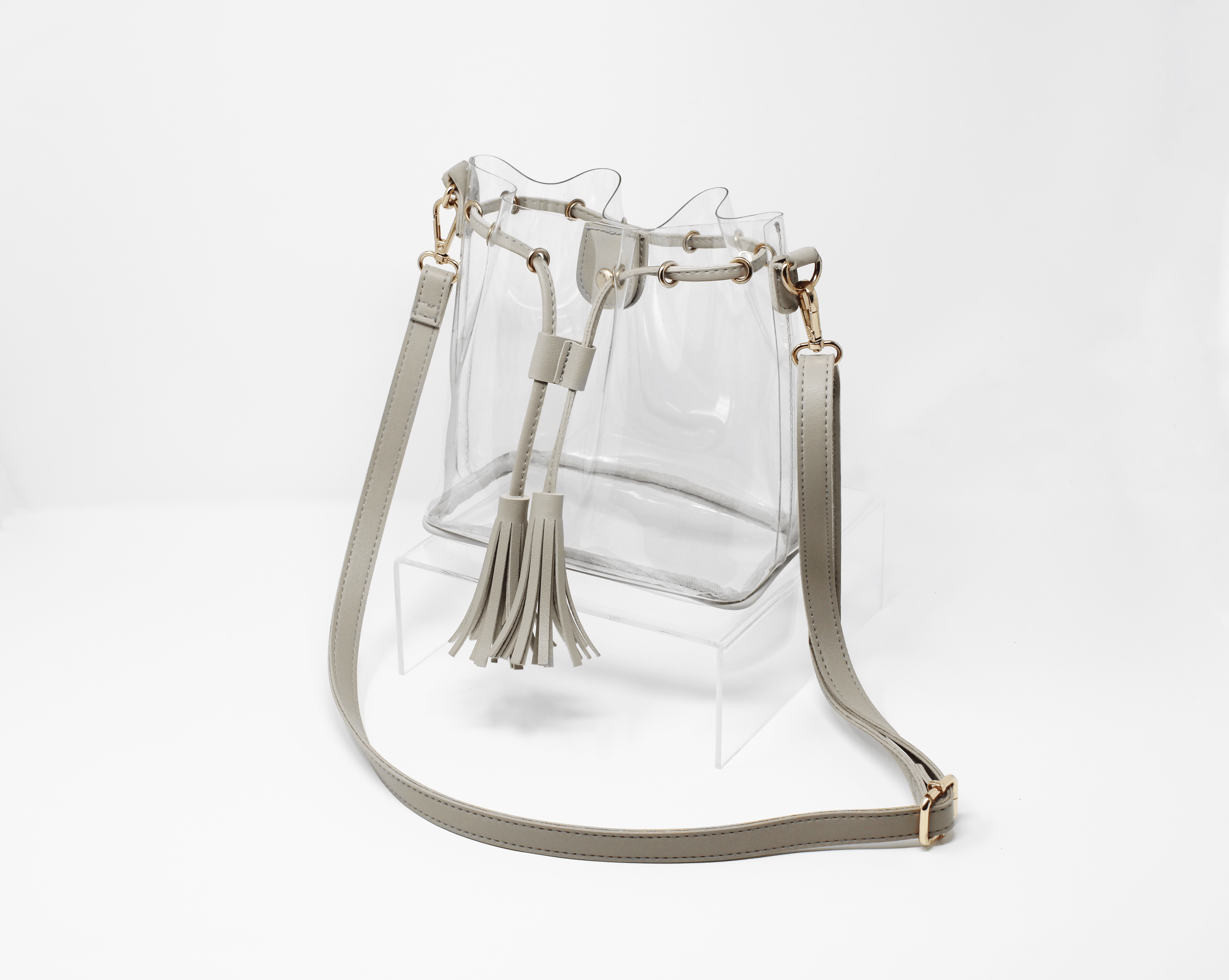 grey clear stadium bag with gold hardware clearlee game day bag