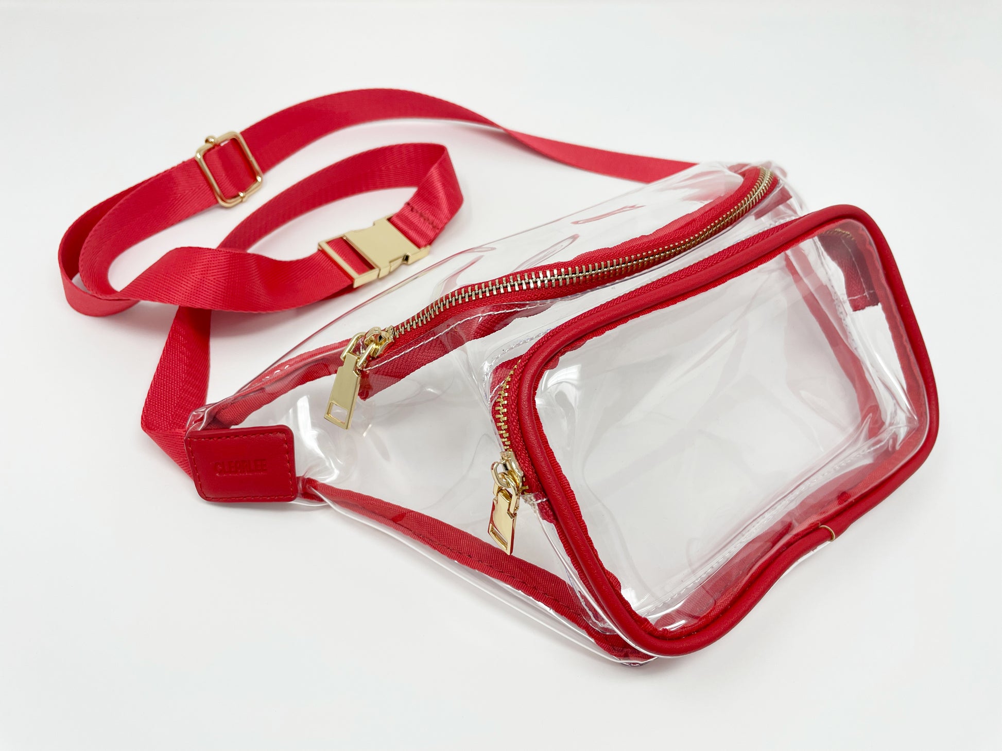red clear belt bag fanny pack with gold hardware stadium approved gameday bag